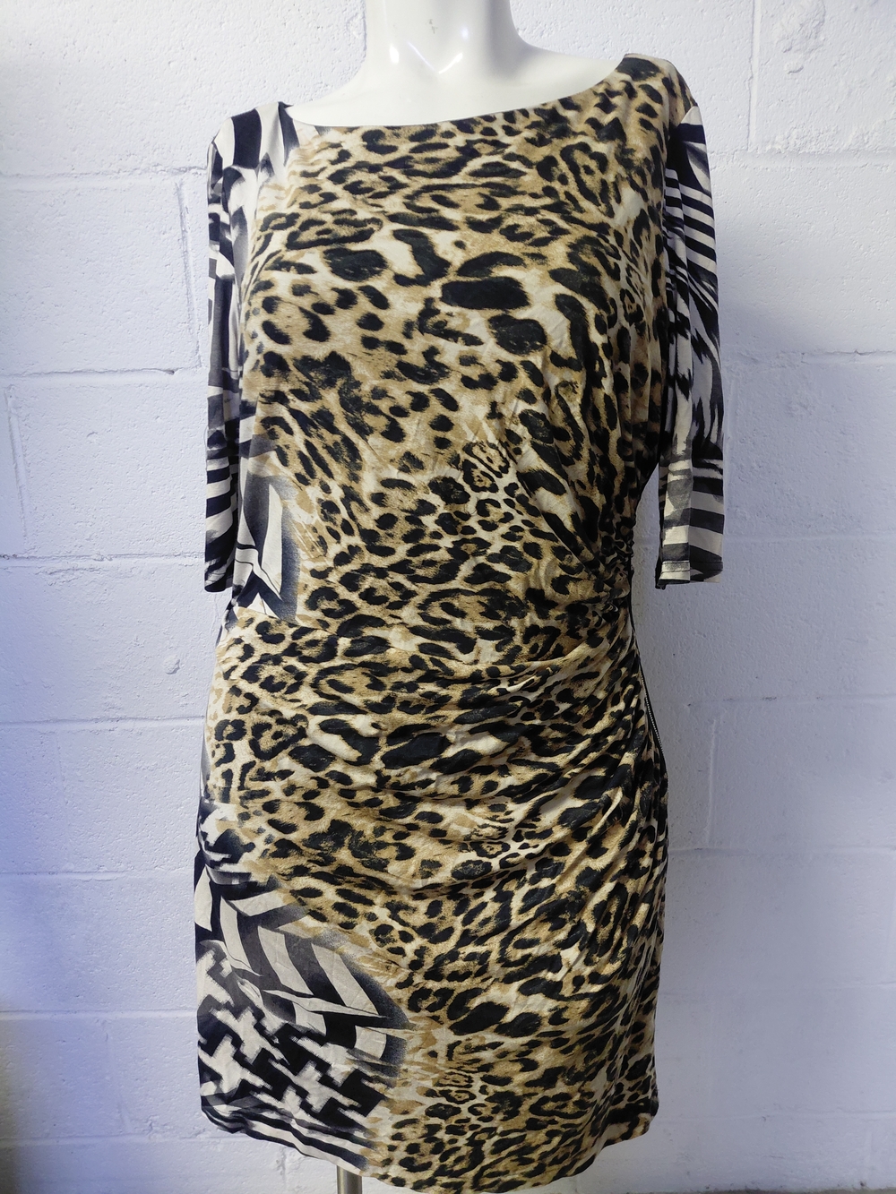 Joseph Ribkoff Leopard Print Ruched Dress in Beige and Black